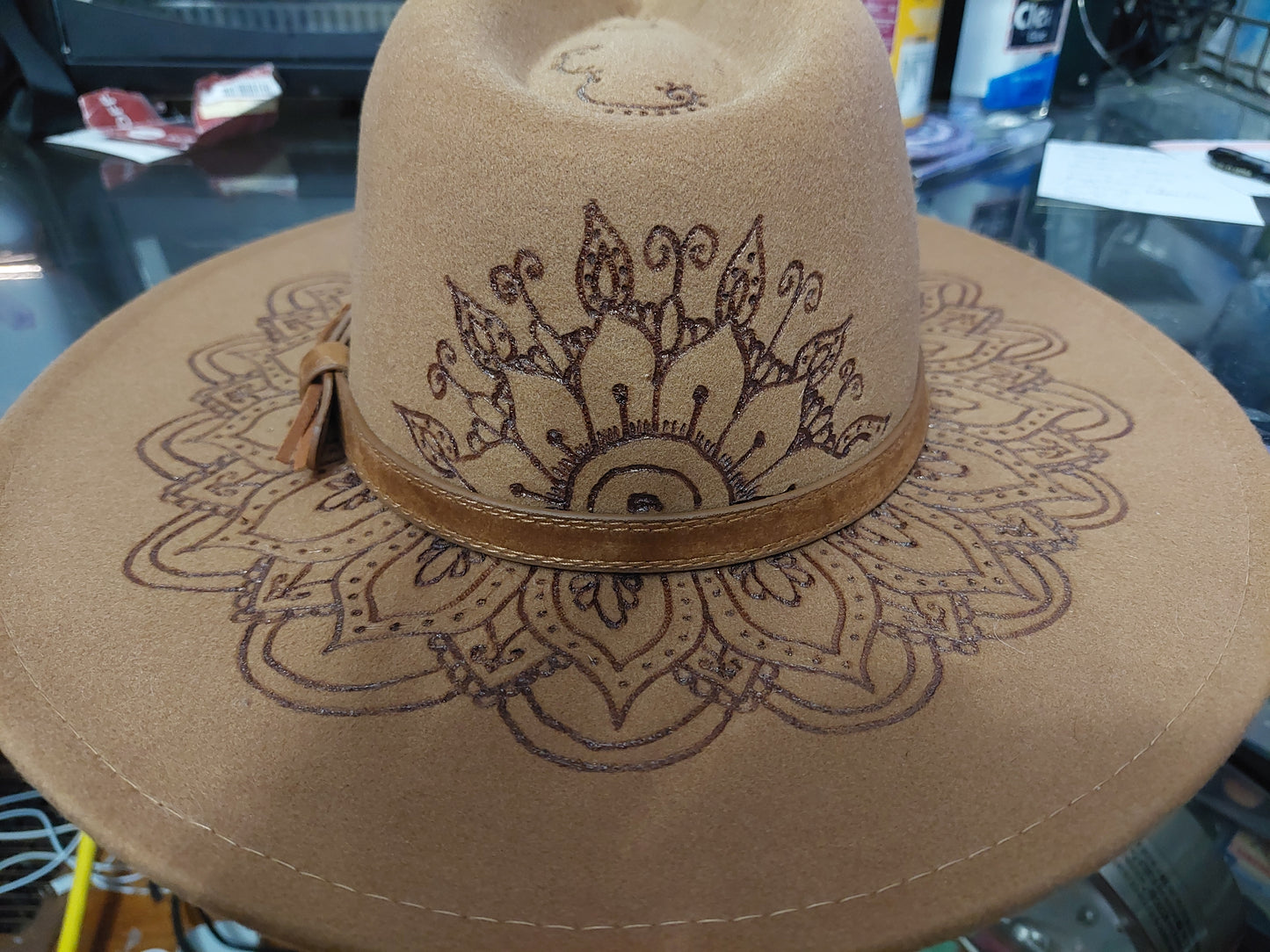 Mandala hand burnt hat